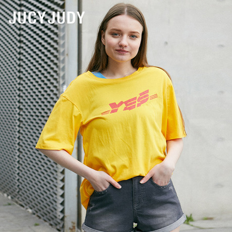 Jucy Judy/百家好2018夏新款字母印花纯色开叉短袖T恤女JSTS327L商品大图