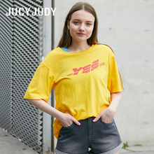 Jucy Judy/百家好2018夏新款字母印花纯色开叉短袖T恤女JSTS327L图片