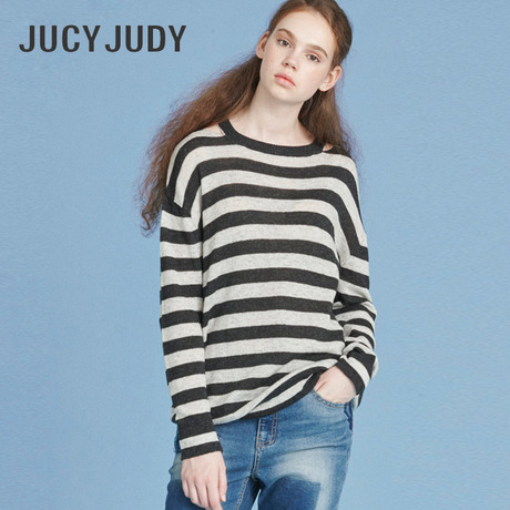 Jucy Judy百家好春季新款圆领宽松条纹拼接羊毛针织衫女JQKT521F商品大图