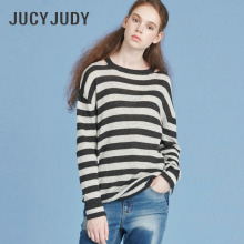 Jucy Judy百家好春季新款圆领宽松条纹拼接羊毛针织衫女JQKT521F图片