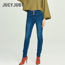 Jucy Judy百家好2018春新款毛边修身高腰长款女牛仔裤JSDP121B图片