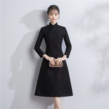 连衣裙2019秋冬装 长袖 黑色 中长款 少女修身 年轻改良旗袍日常生活装