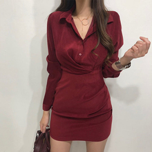 长袖连衣裙女2019春秋装新款韩版修身显瘦气质翻领皱褶高腰包臂裙