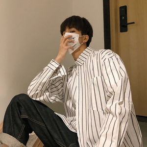 港风长袖条纹衬衫外套男士衬衣