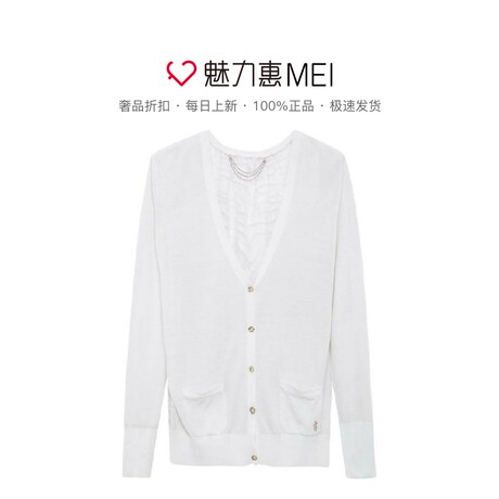 Juicy Couture 白色V领口袋拼接休闲女士长袖针织开衫商品大图