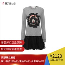Red Valentino 灰色棉质圆领蕾丝钉珠女士长袖连衣裙图片
