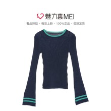 预售 Mo&Co. 靛蓝色针织圆领微喇叭长袖上衣图片