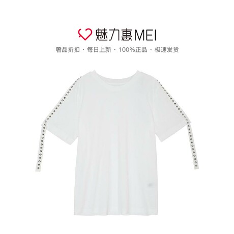 预售 Mo&Co. 本白色铆钉条圆领短袖女士上衣商品大图