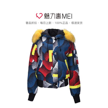 预售 KENZO/高田贤三 拼色几何印花连帽毛绒长袖女士羽绒服商品大图