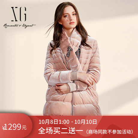 xg女装2018新款韩版中长款长袖宽松加厚保暖外套冬白鸭绒羽绒服商品大图