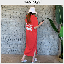 女装 宽松后背字母短袖 2019秋新潮韩版 naning9韩国代购 连帽连衣裙