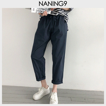 代购 新款 纯色系带弹力休闲长裤 ulzzang2019秋装 NANING9韩国正品