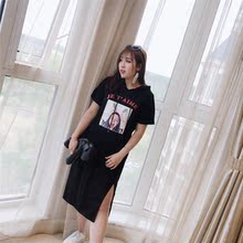 女装 胖mm连帽显瘦T恤裙字母印花前开叉卫衣裙大码 韩范18夏季新款