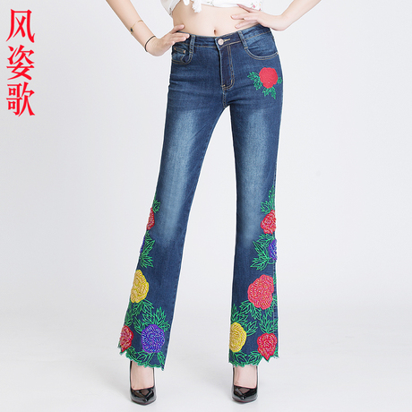 风姿歌 2018夏季钉珠微喇立体刺绣弹力绣花牛仔长裤大码女装3227商品大图