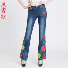 风姿歌 2018夏季钉珠微喇立体刺绣弹力绣花牛仔长裤大码女装3227图片