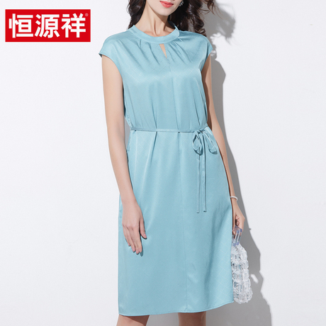 恒源祥2019春夏新款真丝连衣裙女士中长款过膝100%桑蚕丝短袖裙子商品大图