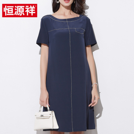 恒源祥2019夏新款中长款真丝连衣裙女宽松大码短袖100%桑蚕丝裙子商品大图