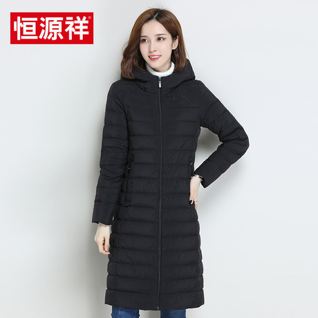 恒源祥2017冬季新款女装韩版羽绒服纯色连帽中长款上衣保暖外套女商品大图