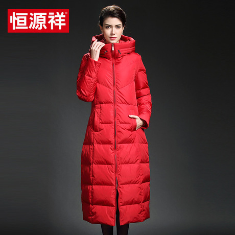 恒源祥2017冬季新款中年女士羽绒服中长款连帽宽松过膝大码外套女商品大图