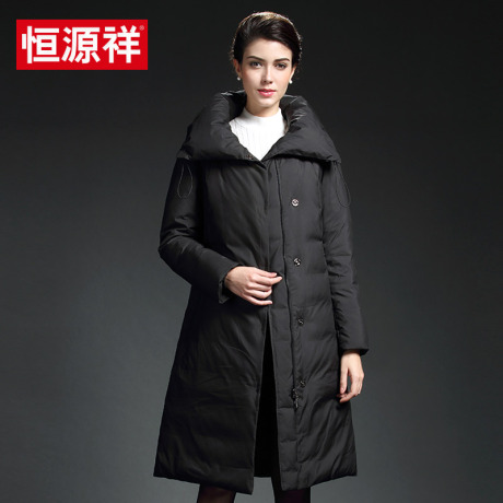 恒源祥女士羽绒服2018冬季新款中长款连帽方领纯色中年上衣外套女商品大图