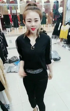 时尚套装女2019秋韩版大码显瘦修身休闲镶钻短袖小脚七分裤两件套