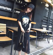 女装 显瘦T恤鱼尾连衣裙女 长裙亮片拼接网纱短袖 胖MM夏季新款 大码