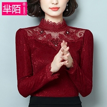 2018时尚蕾丝打底衫冬季新款女装上衣长袖小衫修身高领蕾丝衫雪纺