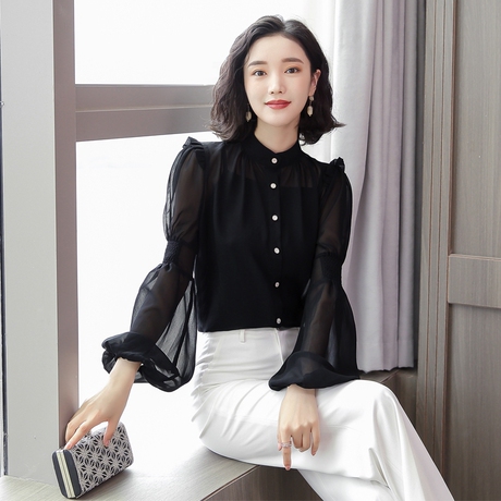 chic早秋韩版灯笼袖衬衫女装长袖雪纺衬衣港味立领慵懒透视上衣潮商品大图