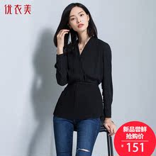 优衣美V领韩版修身女式衬衣2018新款女秋款 长袖雪纺衫上衣11545图片