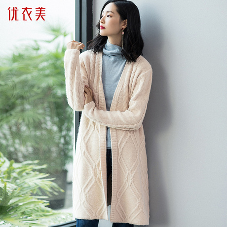 优衣美冬款慵懒风针织开衫毛衣外套女韩版2018新款中长款T16410T商品大图