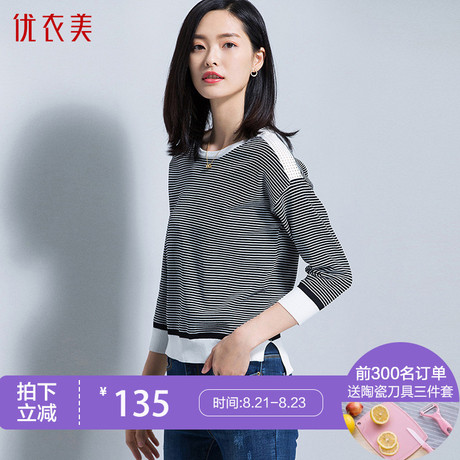 优衣美女装2018秋季新款短款条纹上衣七分袖圆领套头针织衫14375商品大图