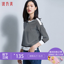 优衣美女装2018秋季新款短款条纹上衣七分袖圆领套头针织衫14375图片