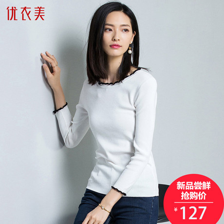 优衣美女装2018秋季新款撞色短款打底衫套头七分袖针织衫女14343商品大图