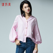 优衣美女装2018秋季新款灯笼袖短款宽松衬衫复古v领衬衣女13587图片