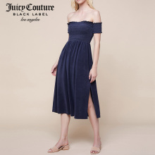 Juicy Couture2018新款性感毛圈布一字肩收腰中长款开叉连衣裙图片