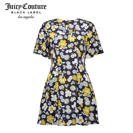 Juicy Couture2018新款时尚碎花收腰荷叶袖短袖桑蚕丝连衣裙商品大图