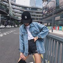 2018秋季女装新款时尚翻领气质百搭宽松夹克牛仔短外套慵懒风阔色图片