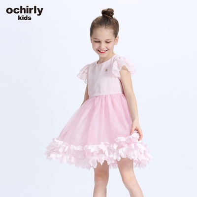 ochirly kids欧时力童装女童2018新款碎褶小肩袖拼荷叶层纱连衣裙