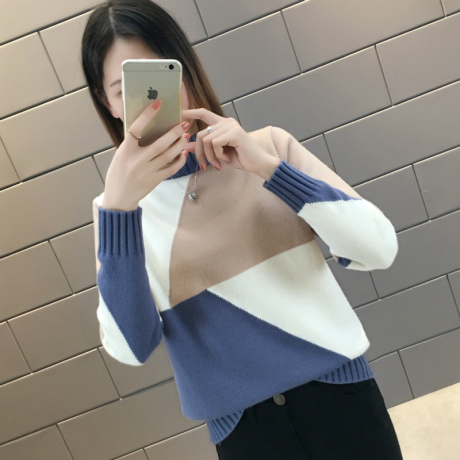 韩版宽松半高领毛衣女套头秋冬新款女装长袖拼色打底针织衫商品大图