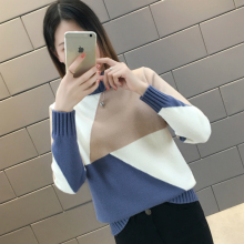 韩版宽松半高领毛衣女套头秋冬新款女装长袖拼色打底针织衫图片