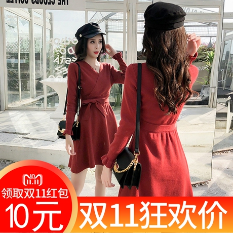 小个子韩版女装针织裙秋XS矮个子150娇小女装155cm系带针织连衣裙商品大图