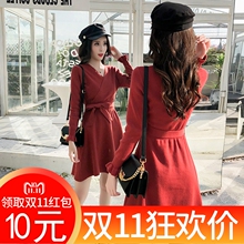 小个子韩版女装针织裙秋XS矮个子150娇小女装155cm系带针织连衣裙图片