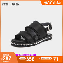 millie 牛皮沙丁布方跟一字带女凉鞋 妙丽夏季专柜同款 LU603BL8