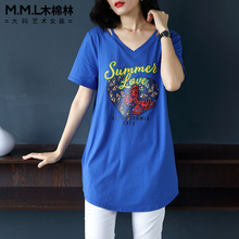 胖仙女中长款胖mm夏遮肚子新款V领时尚显瘦上衣加大码女装藏肉T恤图片