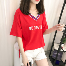 夏季新款韩版女装字母刺绣学院风半袖上衣学生时尚大码短袖T恤女图片