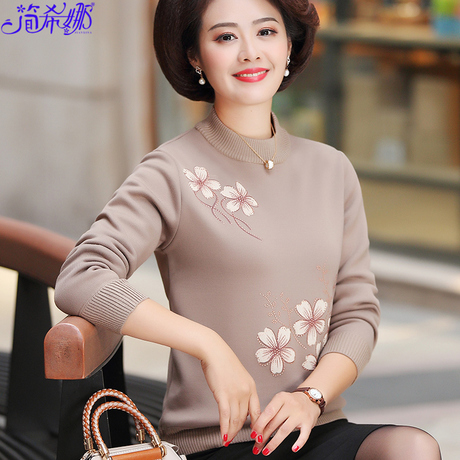 2018新款妈妈加绒毛衣中年人秋冬装加厚打底衫中老年女装内搭上衣商品大图