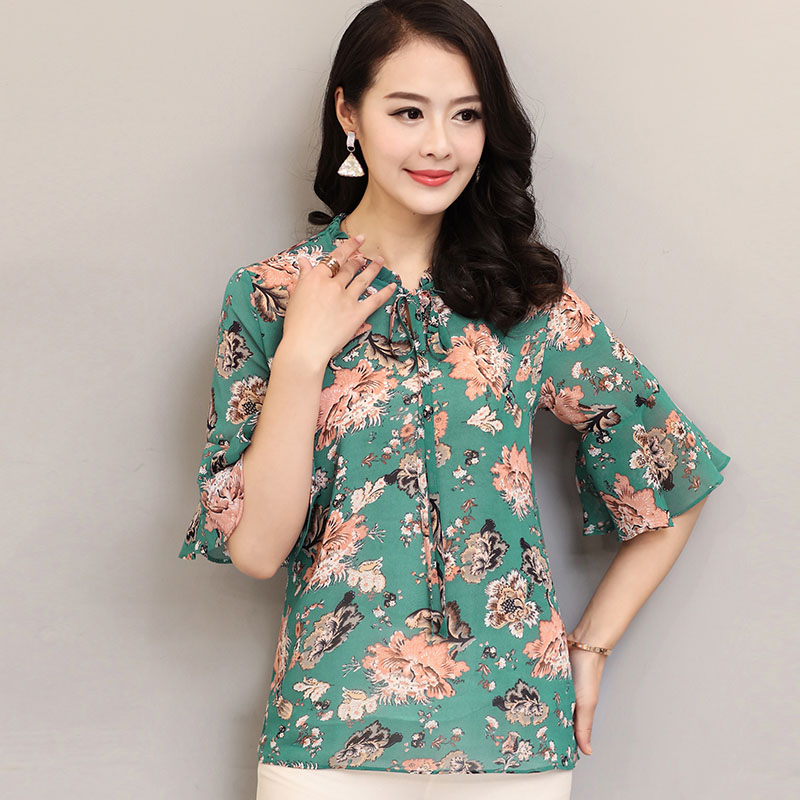 妈妈装夏装上衣碎花雪纺衫30-40岁中年女装秋