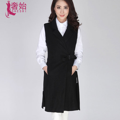 奢始2018秋季新款正品女装韩版修身羊毛毛呢无袖马夹外套女中长款商品大图