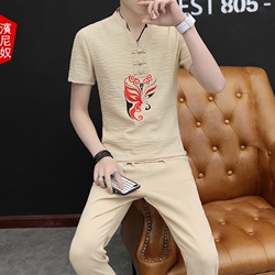 夏季棉麻社会套装男中国风刺绣亚麻休闲韩版短袖T恤九分裤两件套