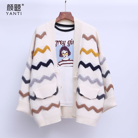 加厚针织衫开衫宽松毛衣外套2018秋冬季新款韩版女装条纹学院风潮商品大图